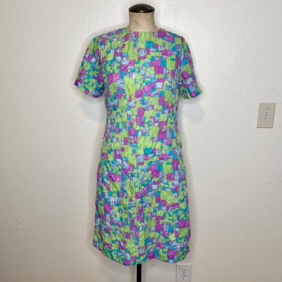 1970s Mod Neon Dress Size Medium quilt print colorful shift - Picture 6 of 14
